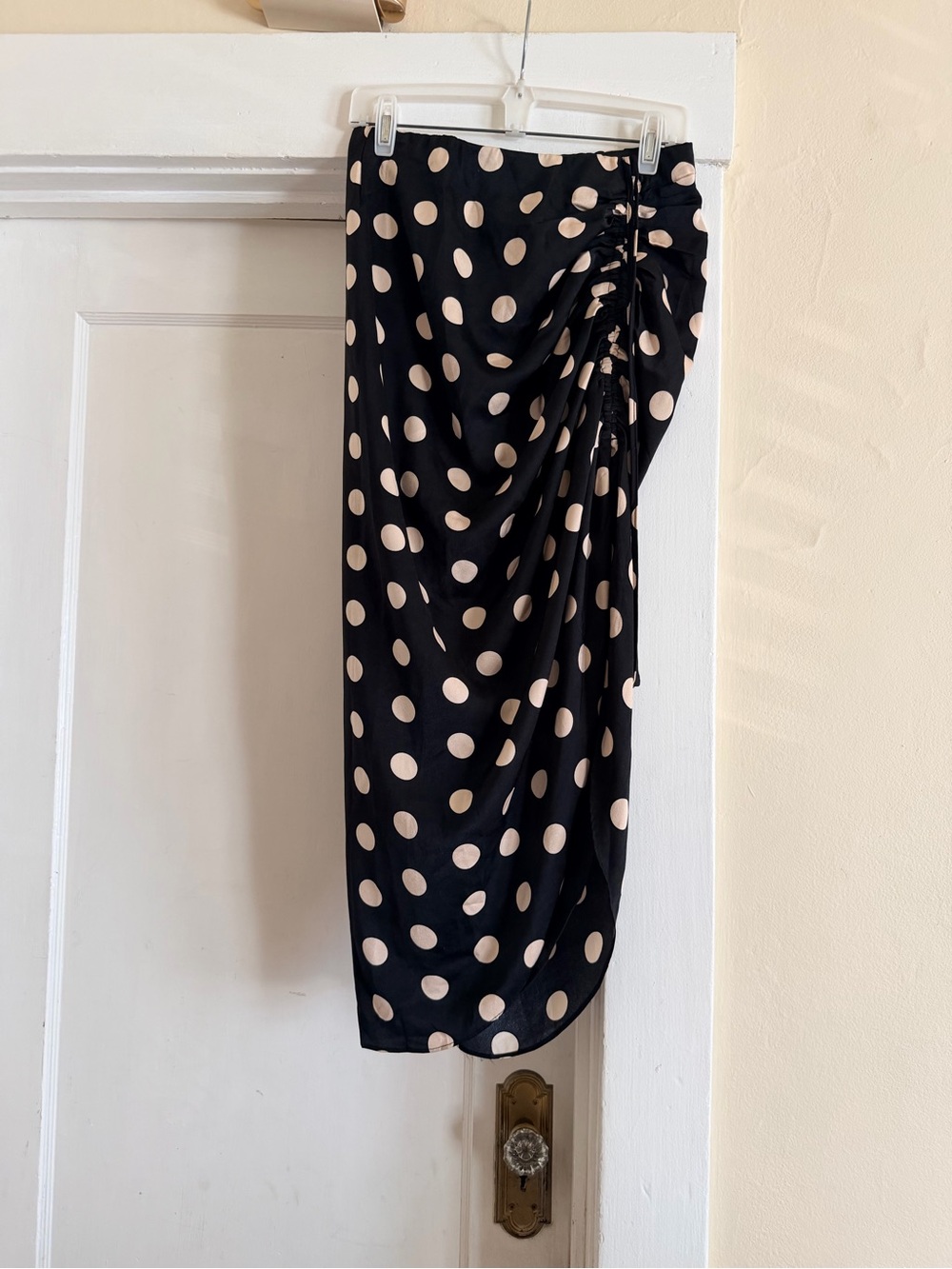 DO+BE Black Midi Skirt with Cream Polka Dots and Side Ruching